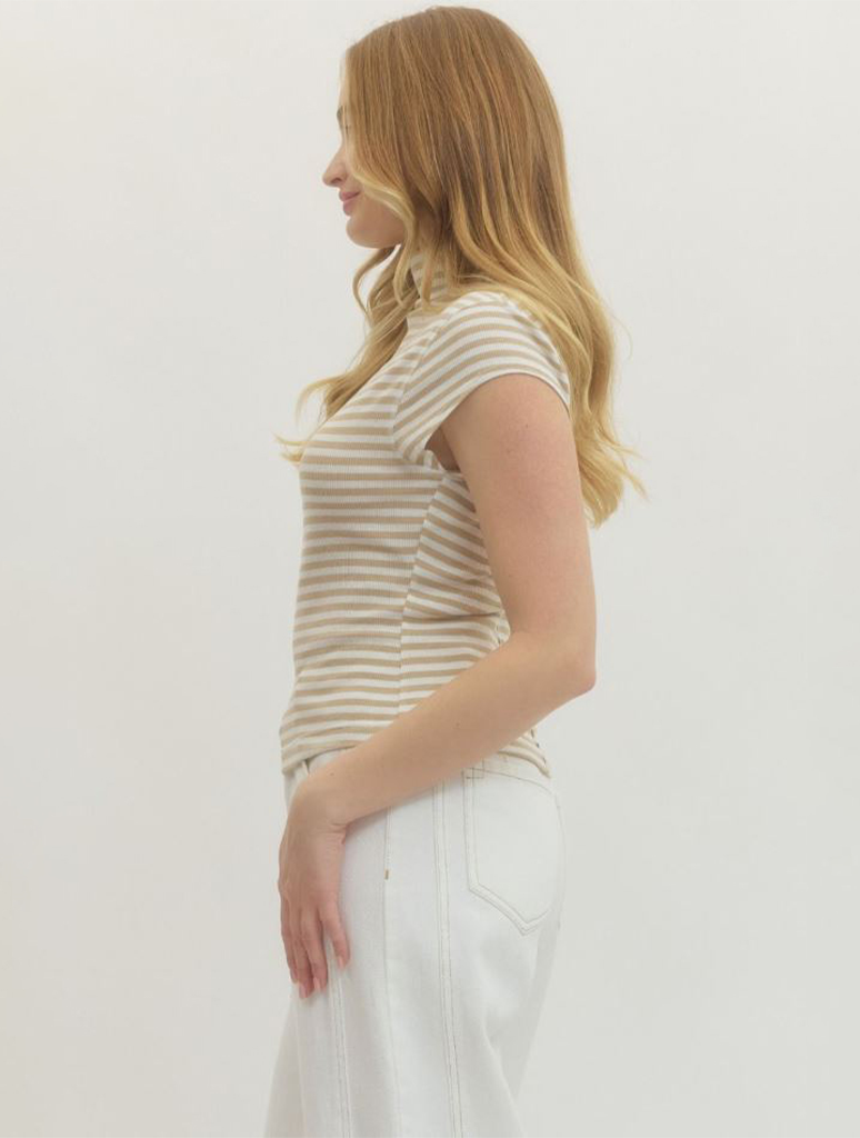 Striped Mock Neck Short Sleeve Tee