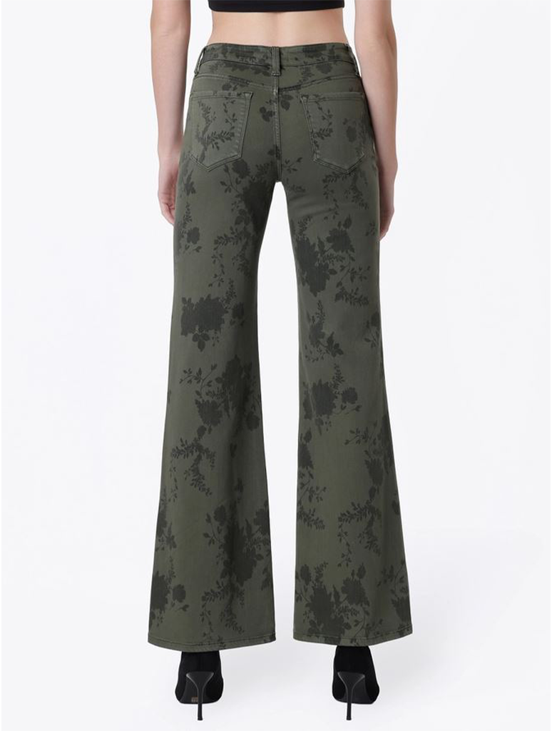 Mid Rise Green Floral Print Vintage Flare Jeans