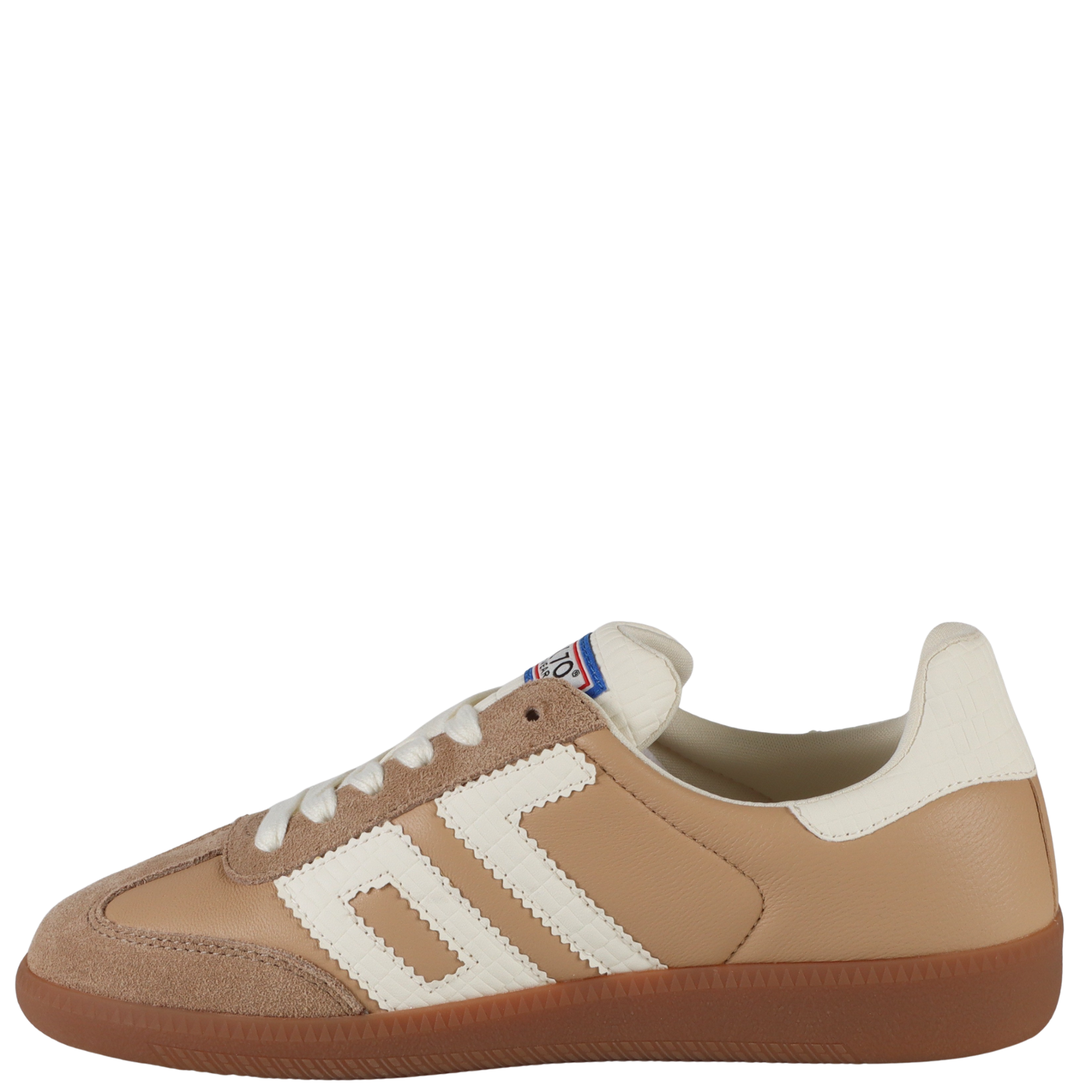 Side angle of Back 70 tan sneaker highlighting signature white overlays