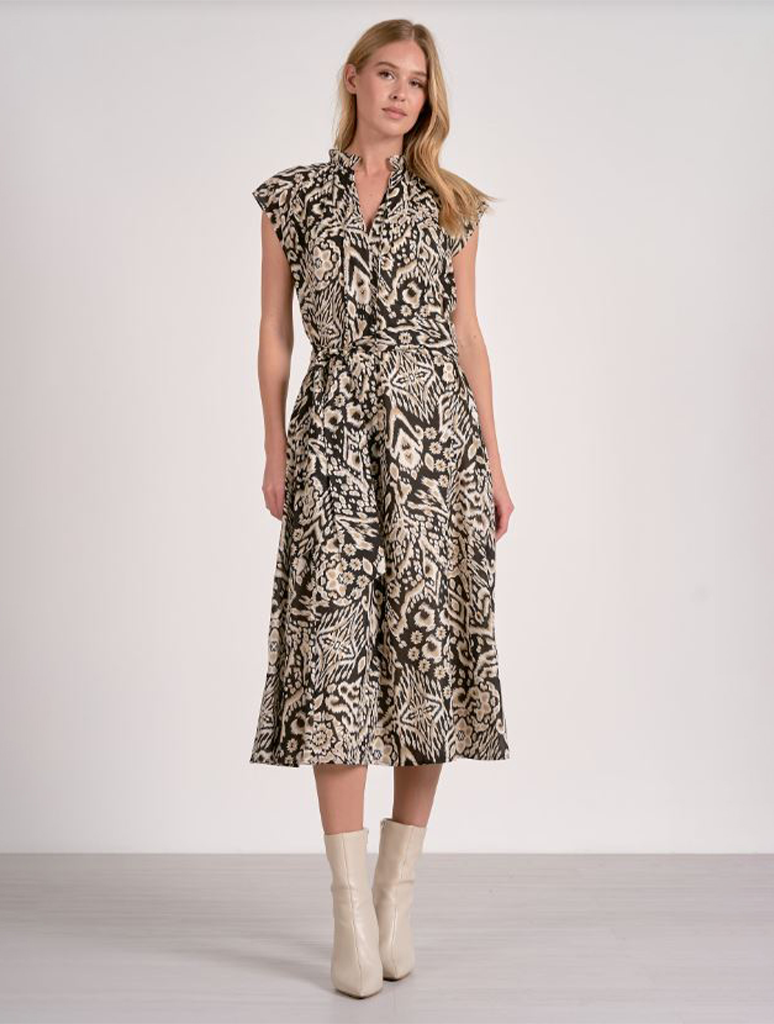 V-Neck Patterned Dress With Cap Sleeve