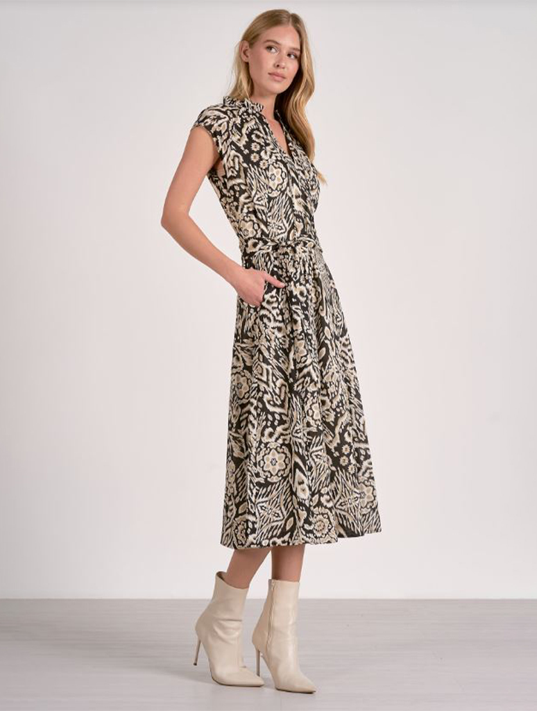 V-Neck Patterned Dress With Cap Sleeve
