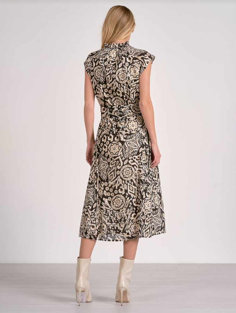 V-Neck Patterned Dress With Cap Sleeve
