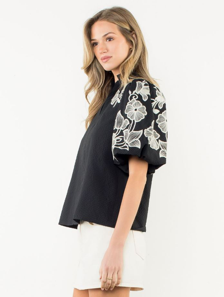 Embroidered Puff Sleeve Textured Top