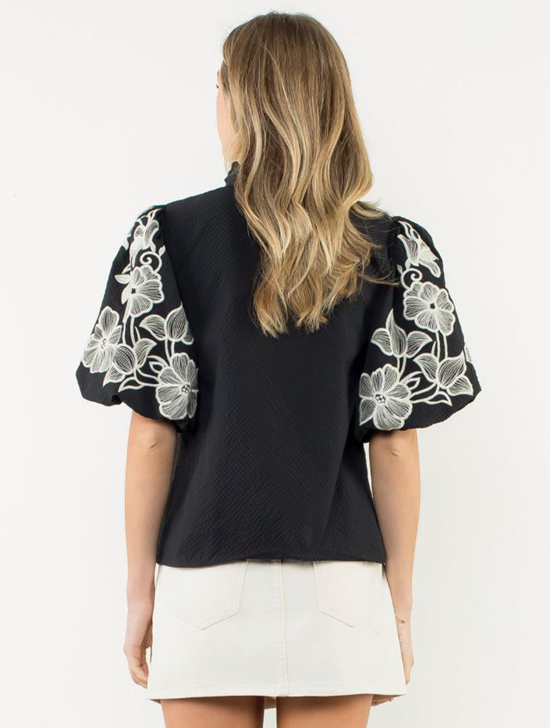 Embroidered Puff Sleeve Textured Top