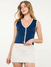 Sleeveless Ribbon Button Knit Top