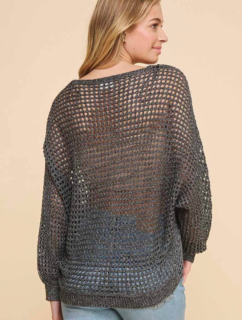Open Weave Foil Knit V-Neck Sweater in Black/Silver