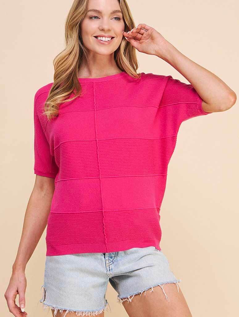 Mixed Texture Short Sleeve Dolman Sweater in Fuchsia