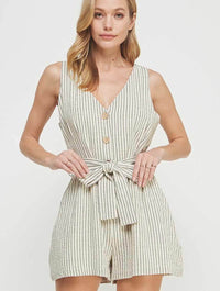 Easy Pinstriped Linen Romper in Natural/Black