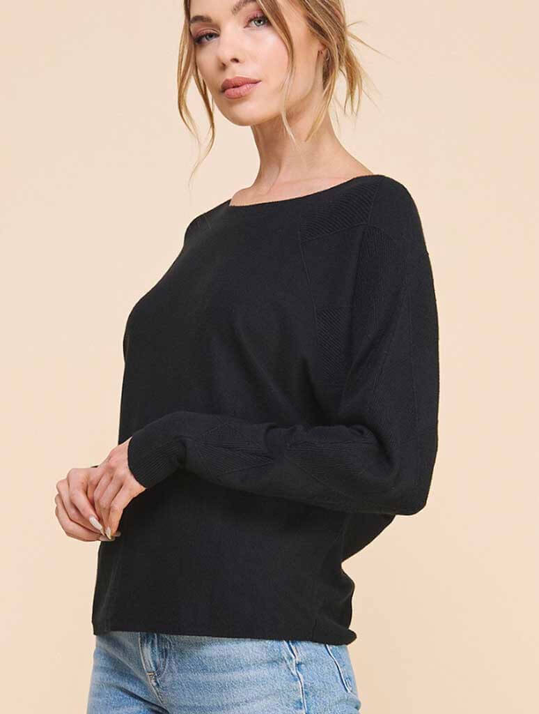 Textured Sleeves Dolman Sweater in Black