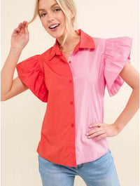 Color Block Ruffle Sleeve Top in Red/Pink