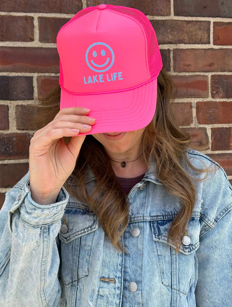 Lake Life Trucker Hat in Neon Pink