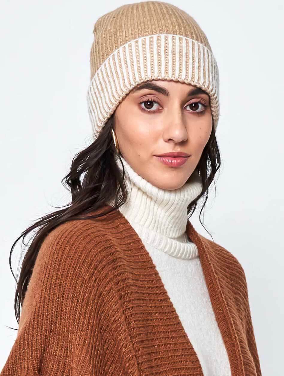 Two Tone Cuff Beanie in Beige