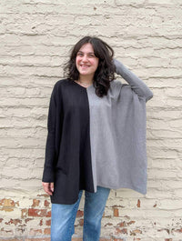Knit Colorblock V-Neck Top in Black/Heather Grey