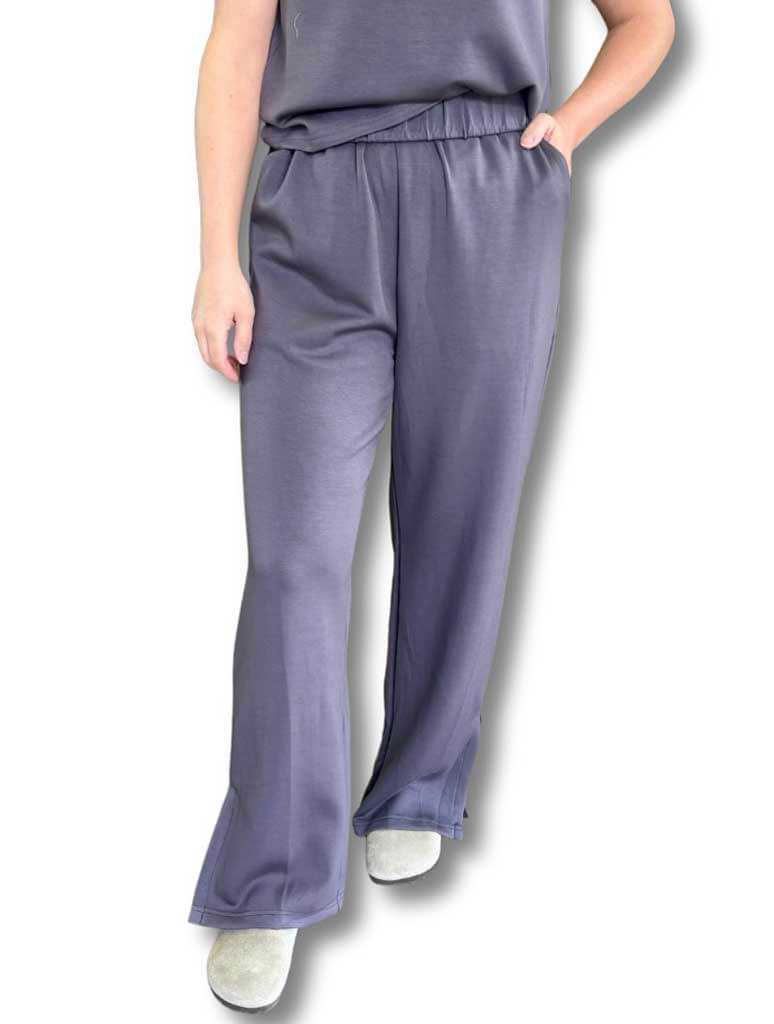 Scuba Modal Wide Leg Pants with Bottom Slits in Charcoal