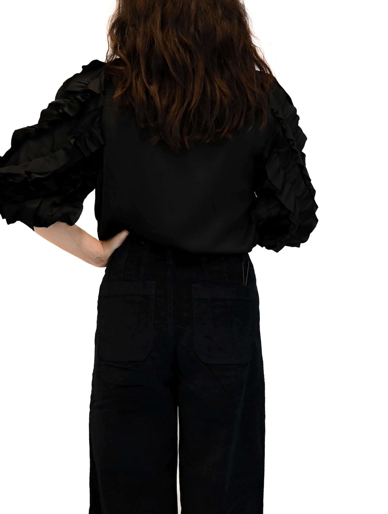 Silky Satin Ruffle Trip 3/4 Sleeve Top