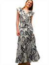 Leaf Print Gauze Ruffled Detail Maxi Dress in Navy Print