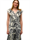 Leaf Print Gauze Ruffled Detail Maxi Dress in Navy Print