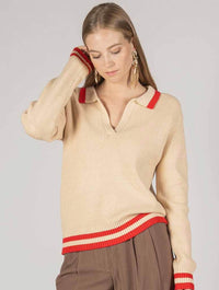 Border Contrast Knit Sweater in Taupe/Red