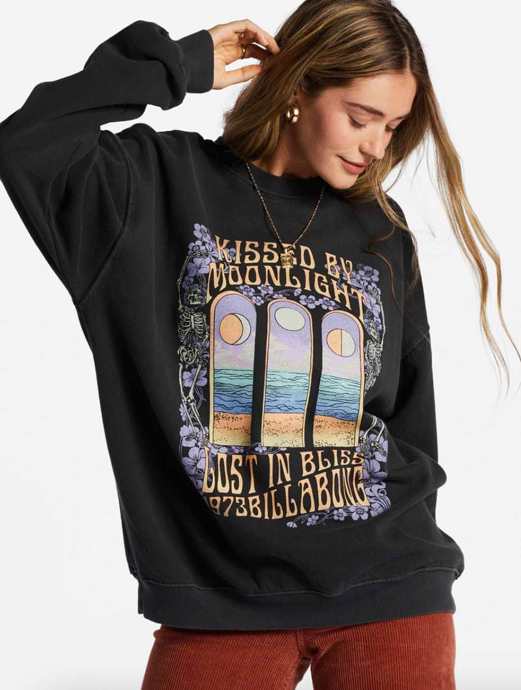 Billabong Ride In Oversized Crewneck Sweatshirt in Black Sands