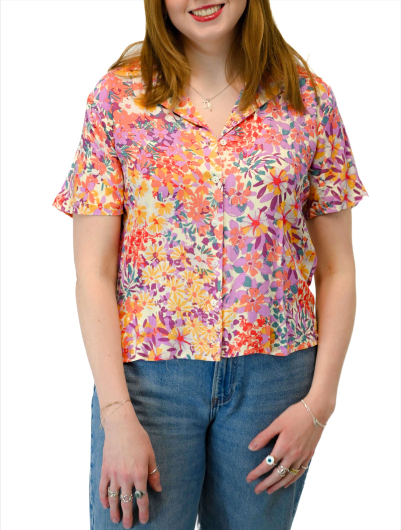 Floral Print Short Sleeve Camp Shirt in Purple Multi