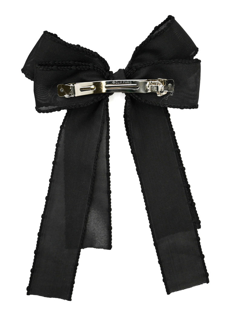 Dot Trimmed Long Tail Bow Hair Clip in Black