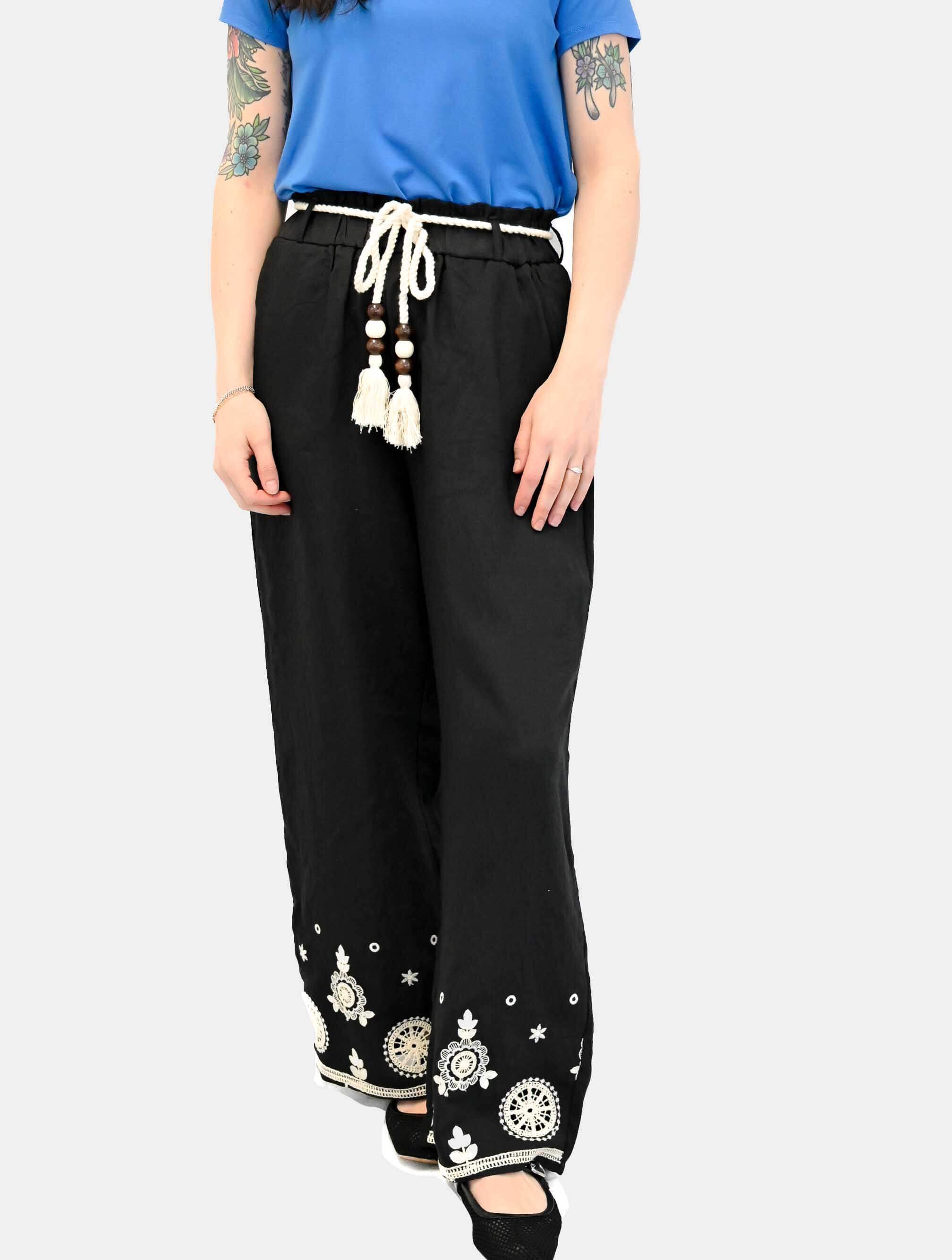 Embroidered Pants with Rope Belt