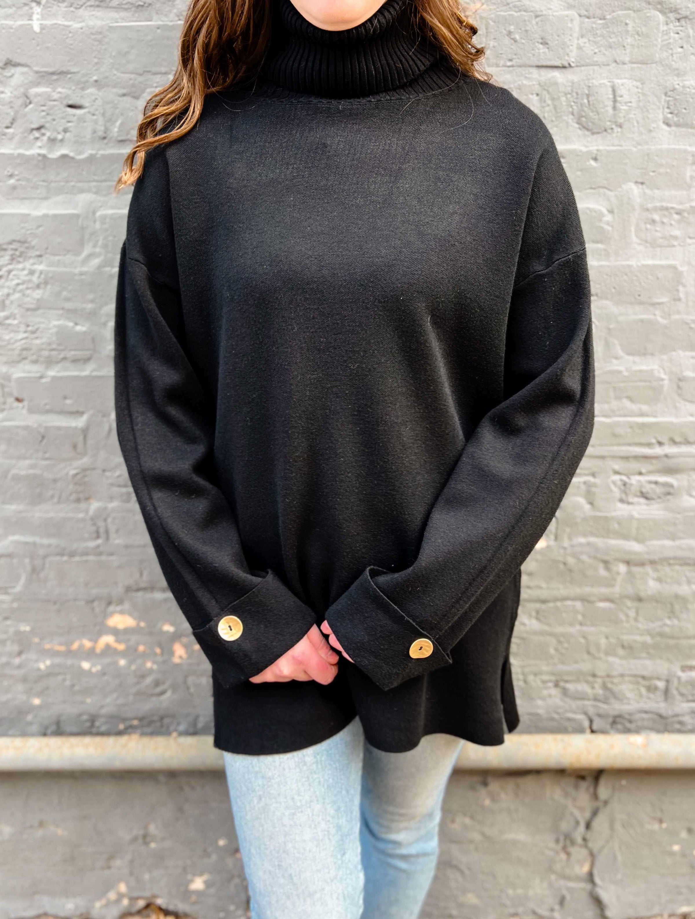 Turtleneck Tunic with Buttoned Cuff Detail in Black