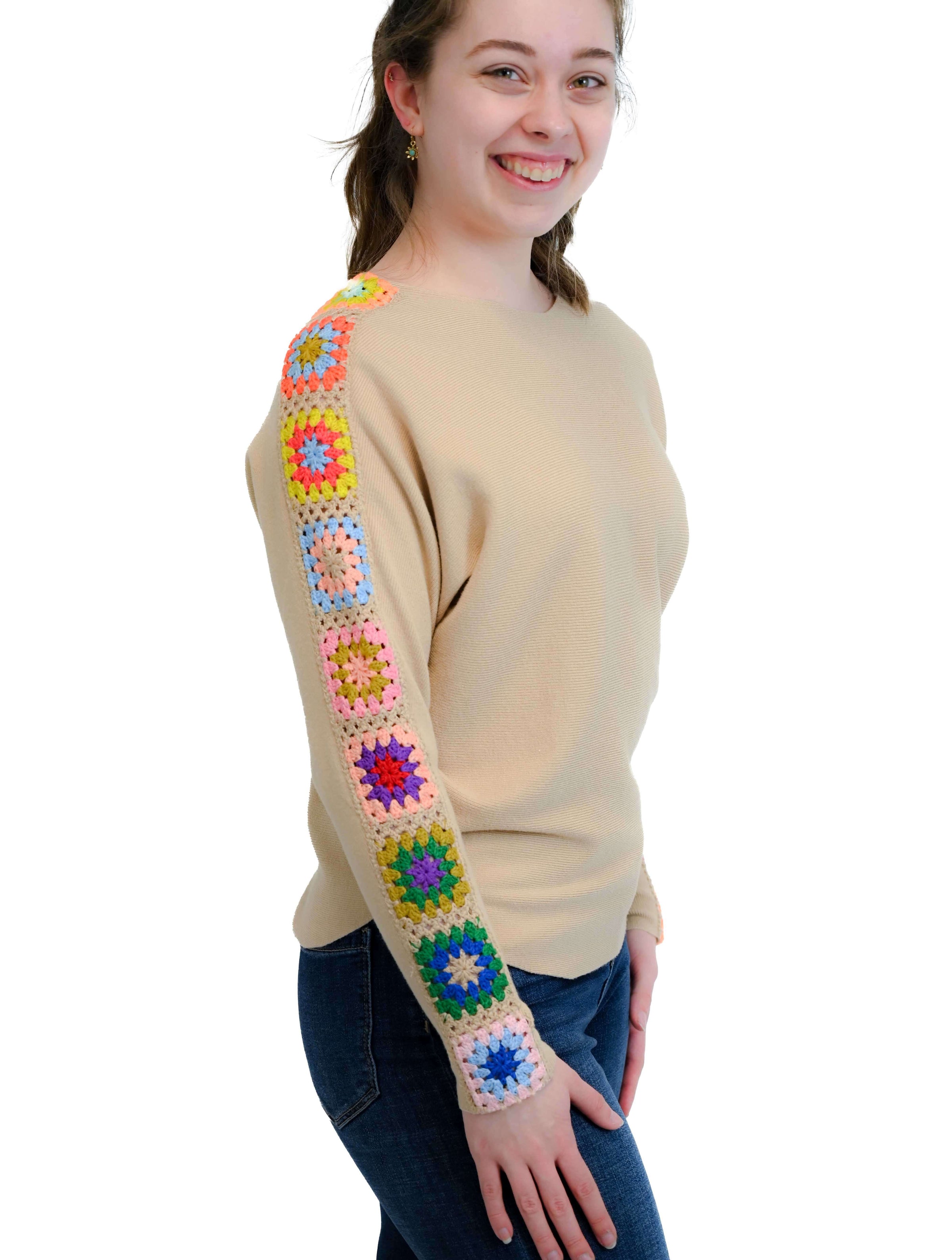 Crochet Detail Sweater in Beige Multi