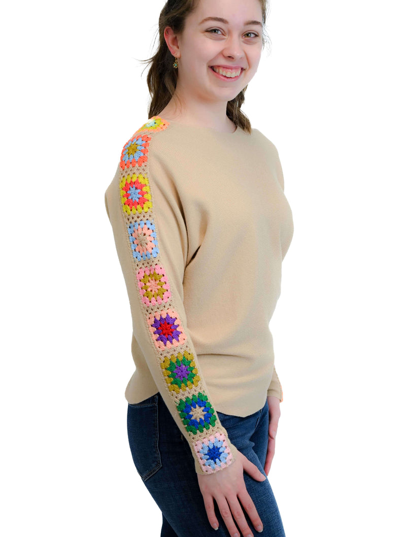 Crochet Detail Sweater in Beige Multi