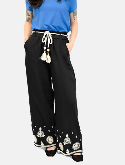 Embroidered Pants with Rope Belt