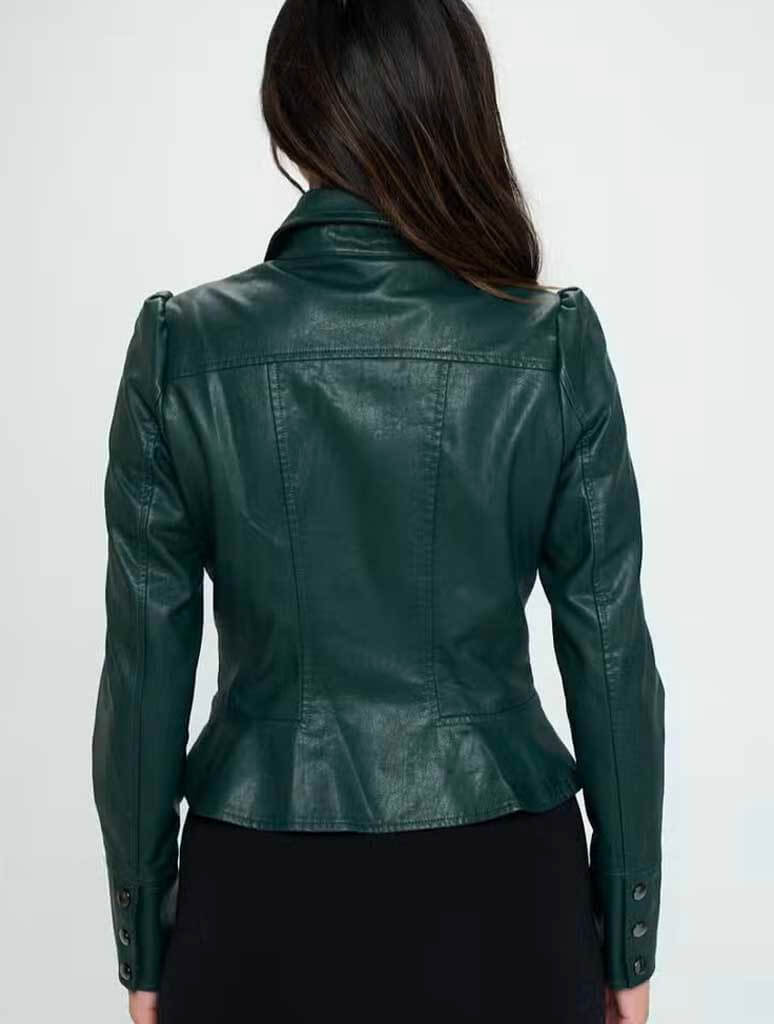 Vegan Leather Peplum Jacket in Green