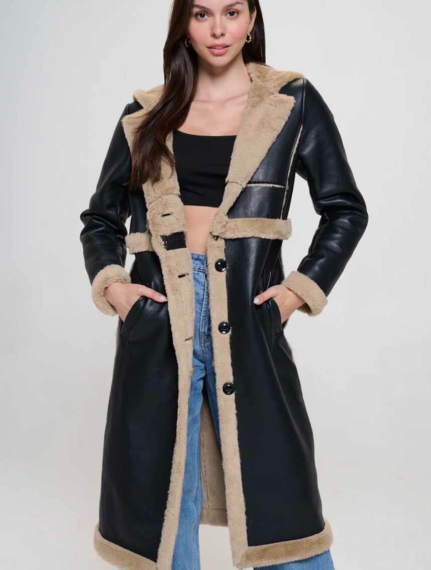Longline Jacket With Khaki Fur Trim in Black
