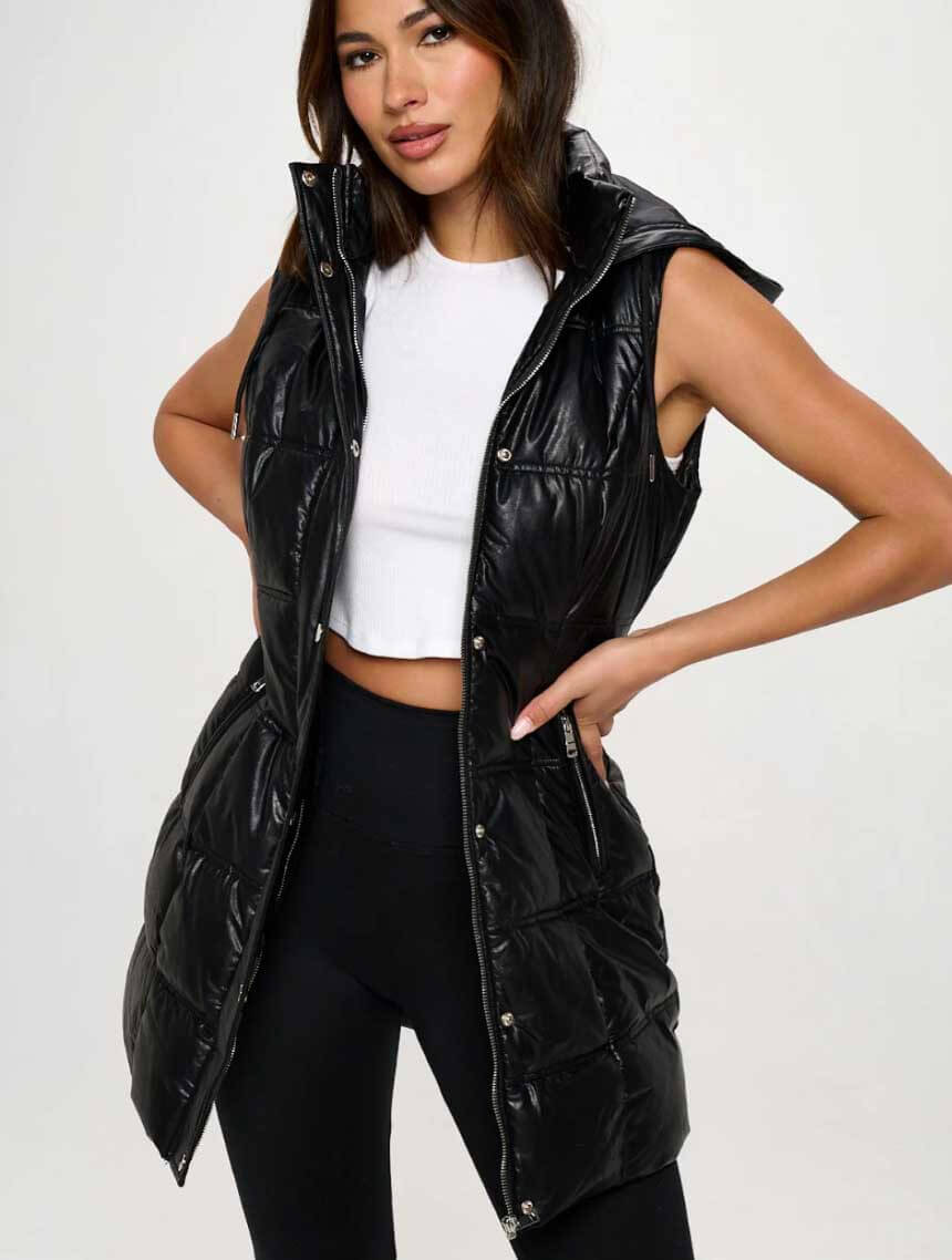 Longline Vegan Leather Puffer Vest in Black