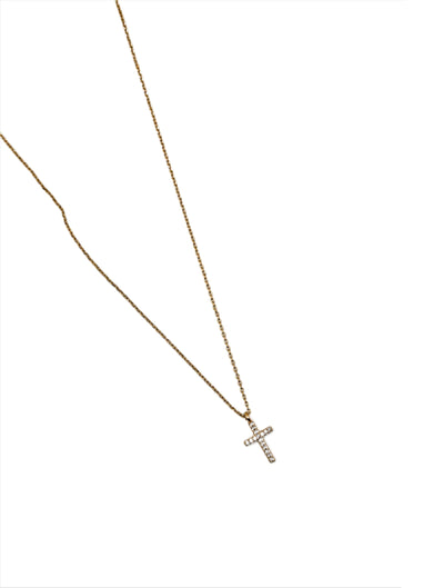 Stainless Steel Mini Pave Cross Necklace in Gold