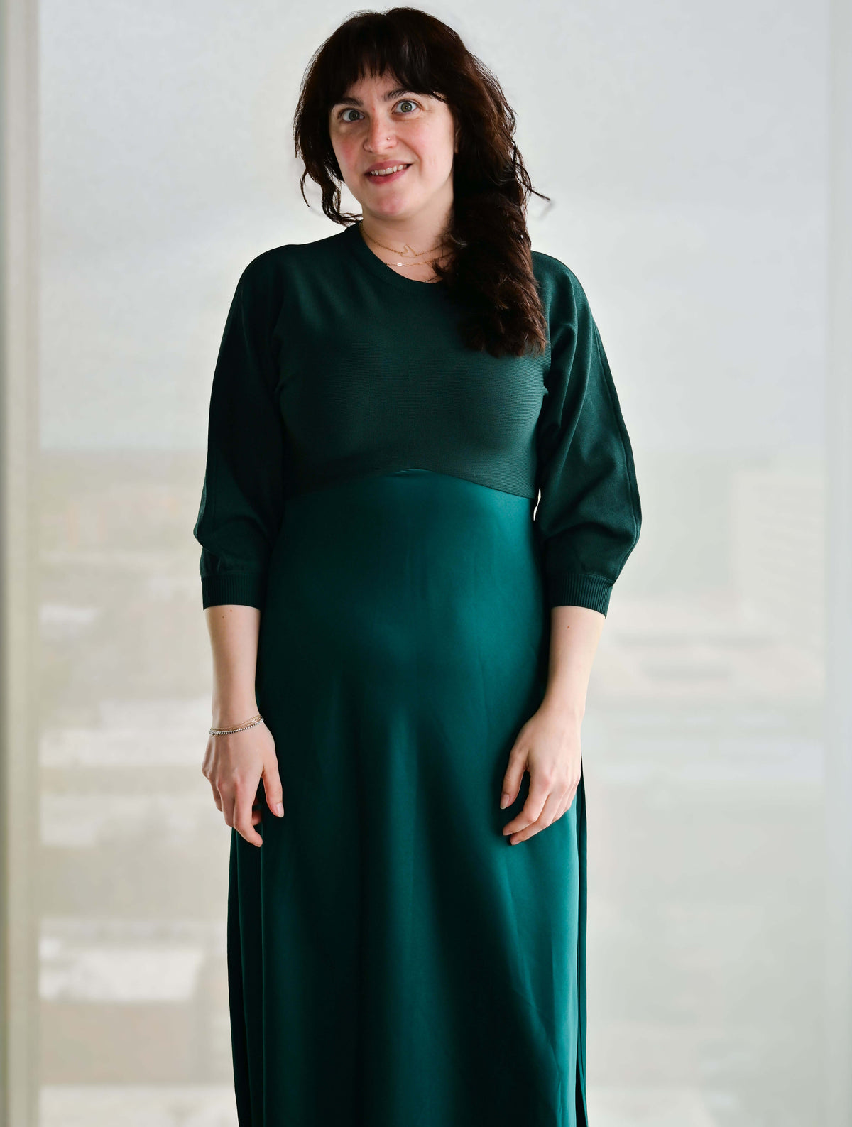 3/4 Sleeve Sweater Mixed Media Dress