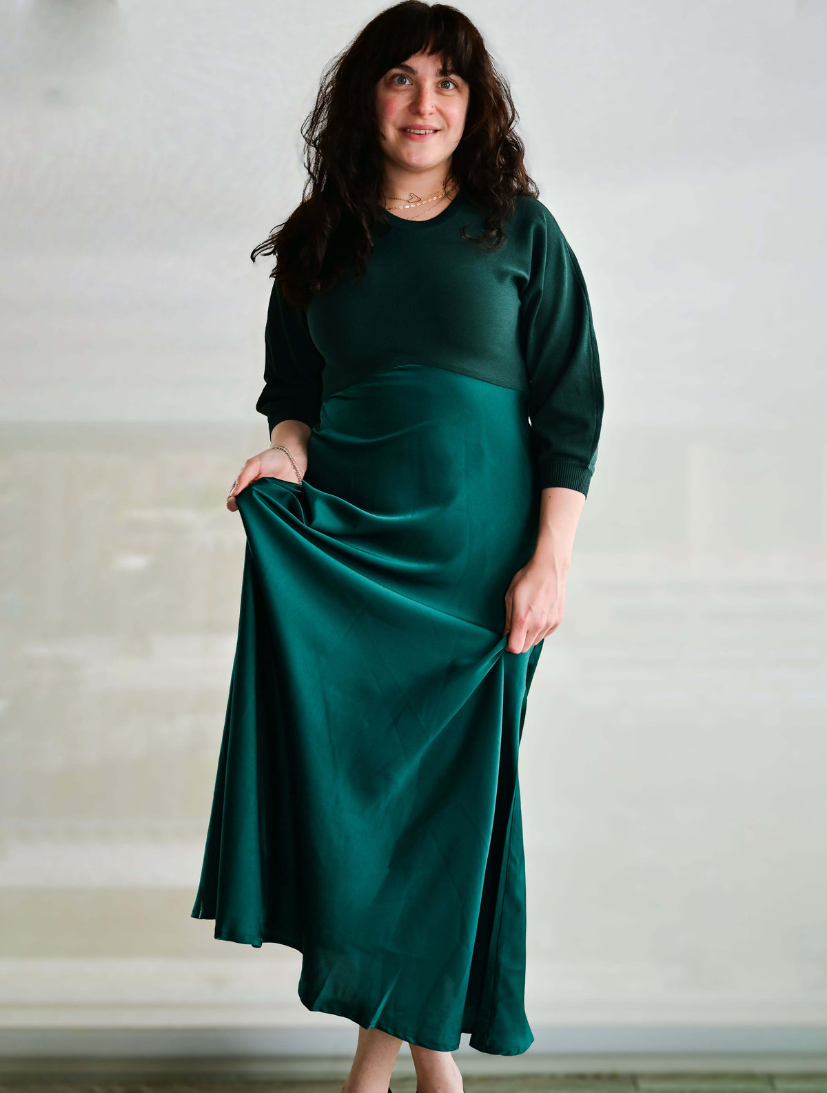 3/4 Sleeve Sweater Mixed Media Dress