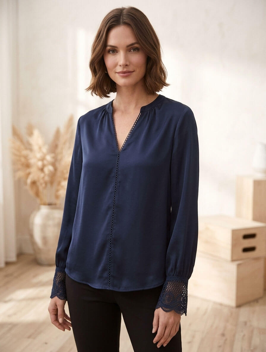 Split Neck Long Sleeve Blouse with Crochet Cuff