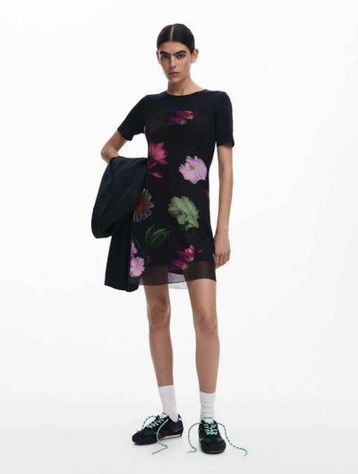 Desigual Short Sleeve Mesh Floral Mini Dress