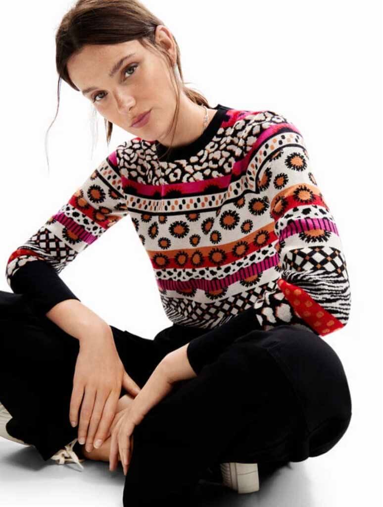 Desigual Short Border Pullover Sweater in Red Multi