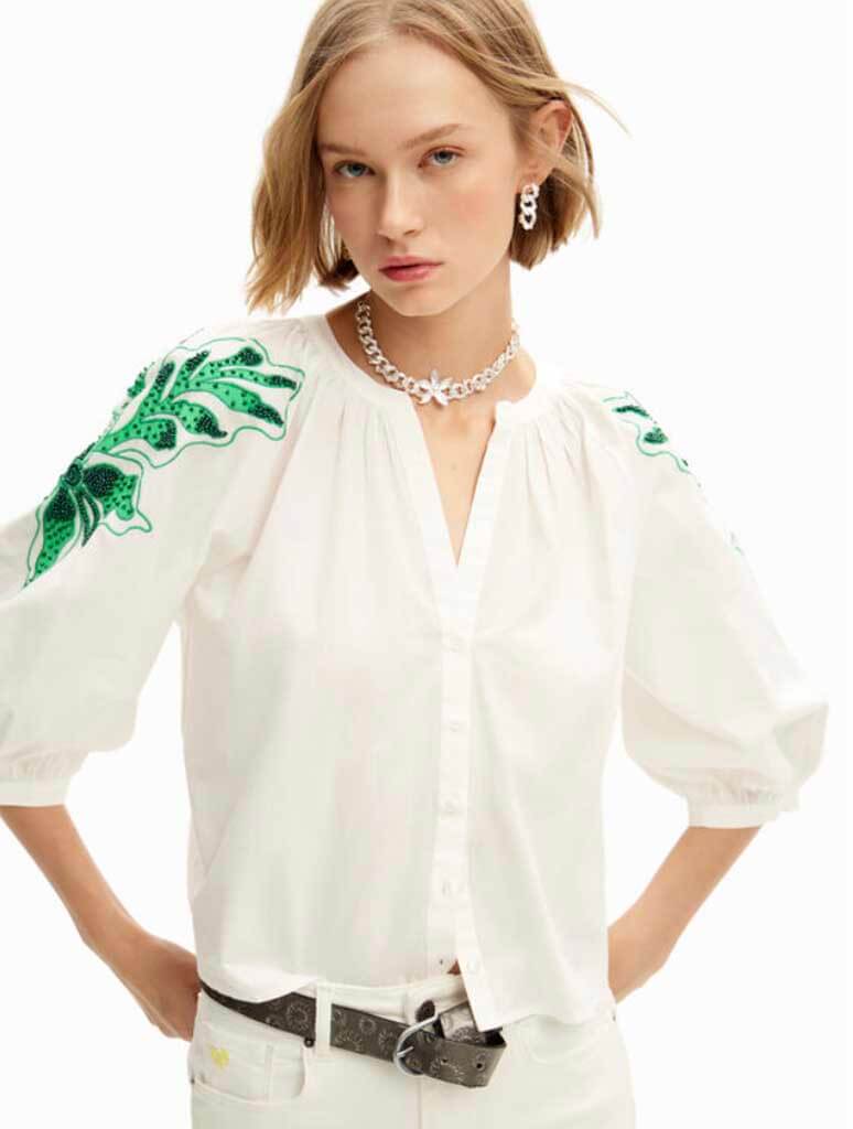 Desigual V-neck Embroidered 3/4 Sleeve Blouse in White