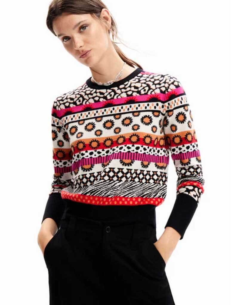 Desigual Short Border Pullover Sweater in Red Multi