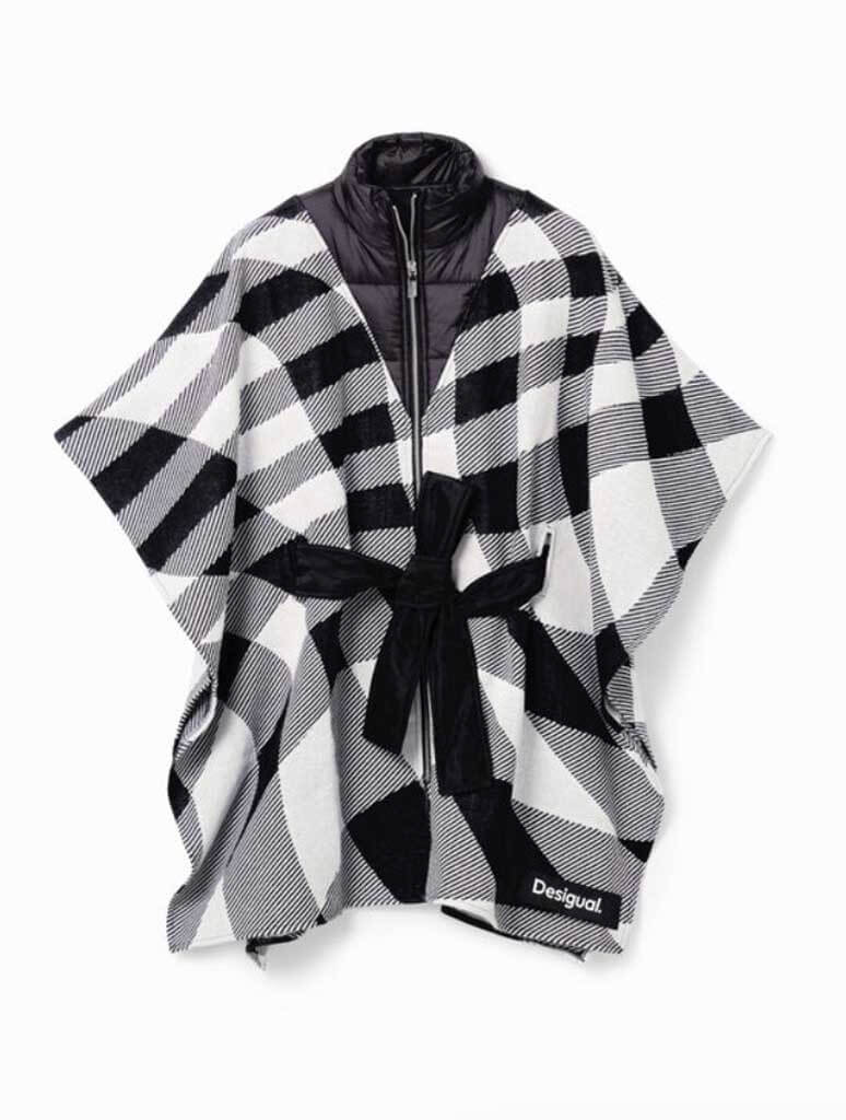 Desigual Plaid Belted Poncho in Black