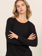 Round Neck Long Sleeve Top with Curved Hem (Final Sale)