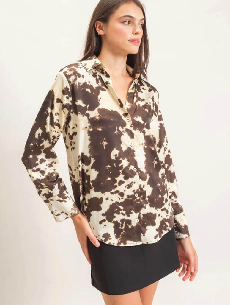Satin Cow Print Button-Up Shirt