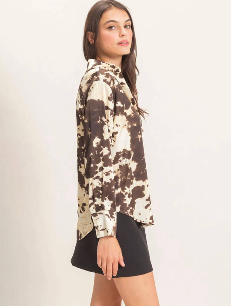 Satin Cow Print Button-Up Shirt