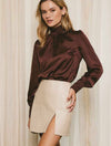 Satin Pleated High Neck Blouse in Chocolate Plum