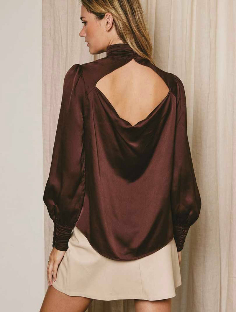 Satin Pleated High Neck Blouse in Chocolate Plum