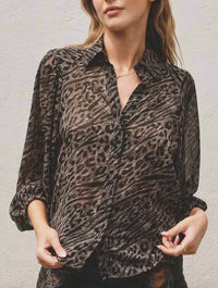 Semi-sheer Animal Print Collared Top In Black/Khaki