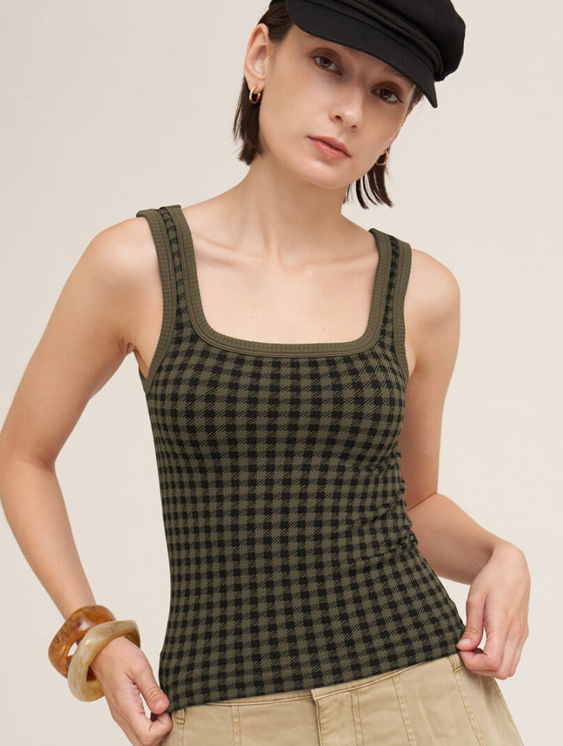 Checked Square Neck Top in Earth Olive