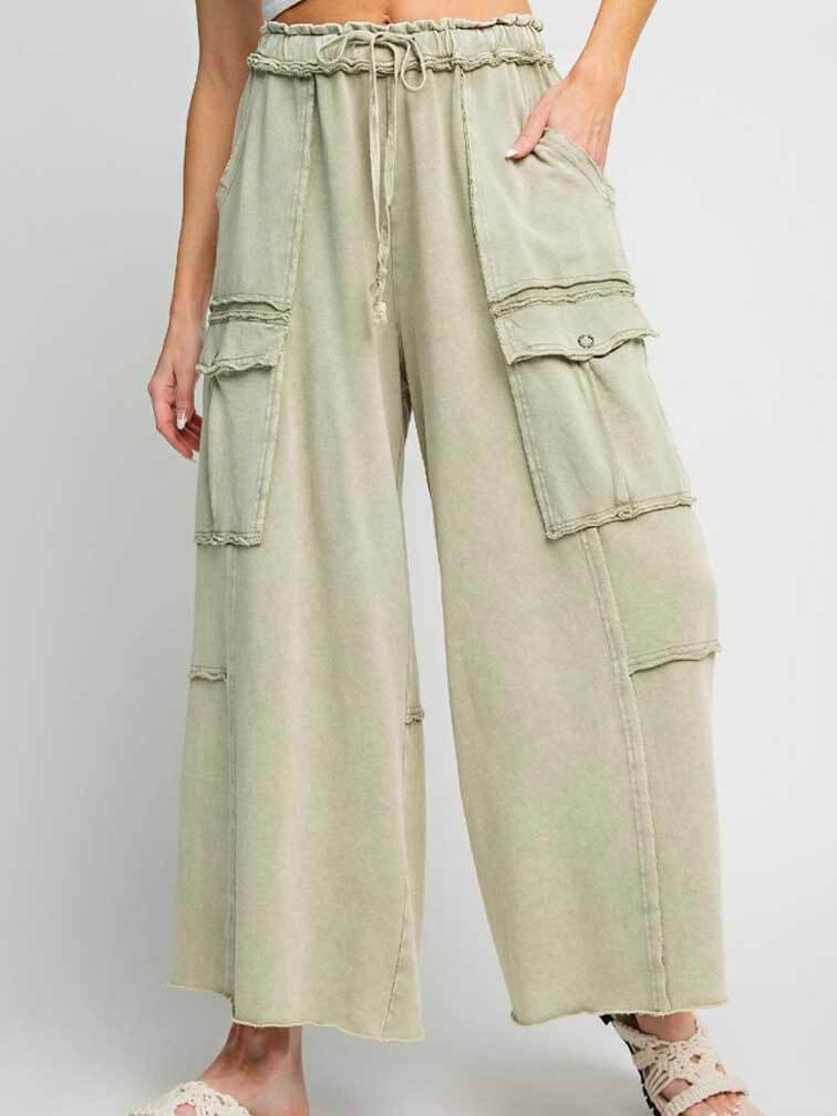 Mineral Washed Wide Leg Pants in Faded Olive
